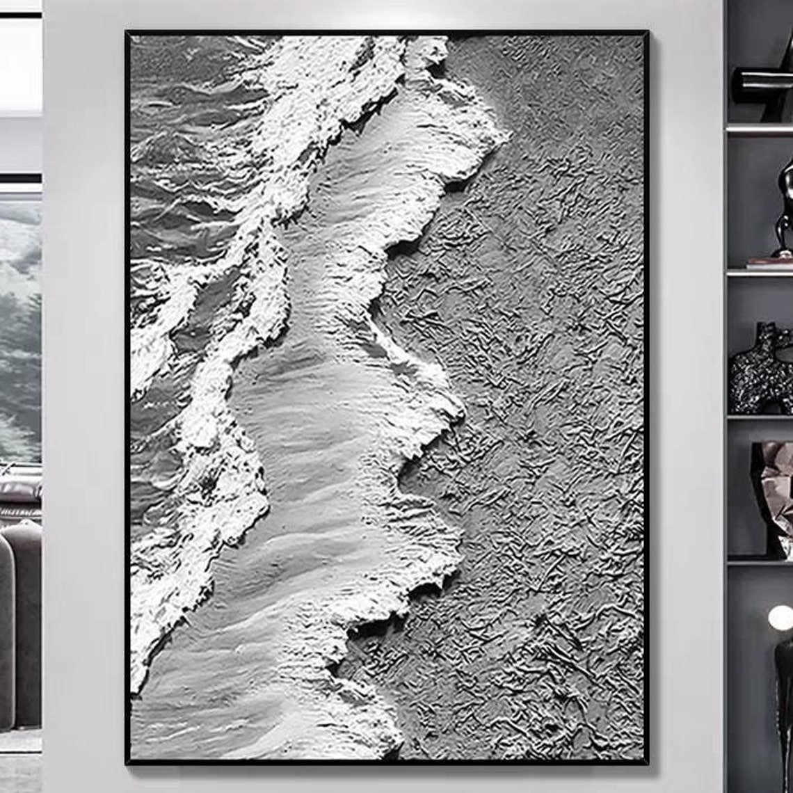 Monochrome Grey Aerial Ocean Waves with White Foam Texture Poster
