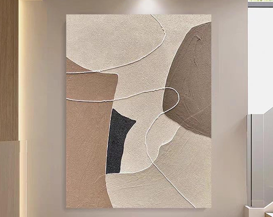 Large Abstract Wall Decor Hand Painted 3d Texture Oil Painting Personalized Acrylic Art Color Block And Line Artwork Beige White Brown Art