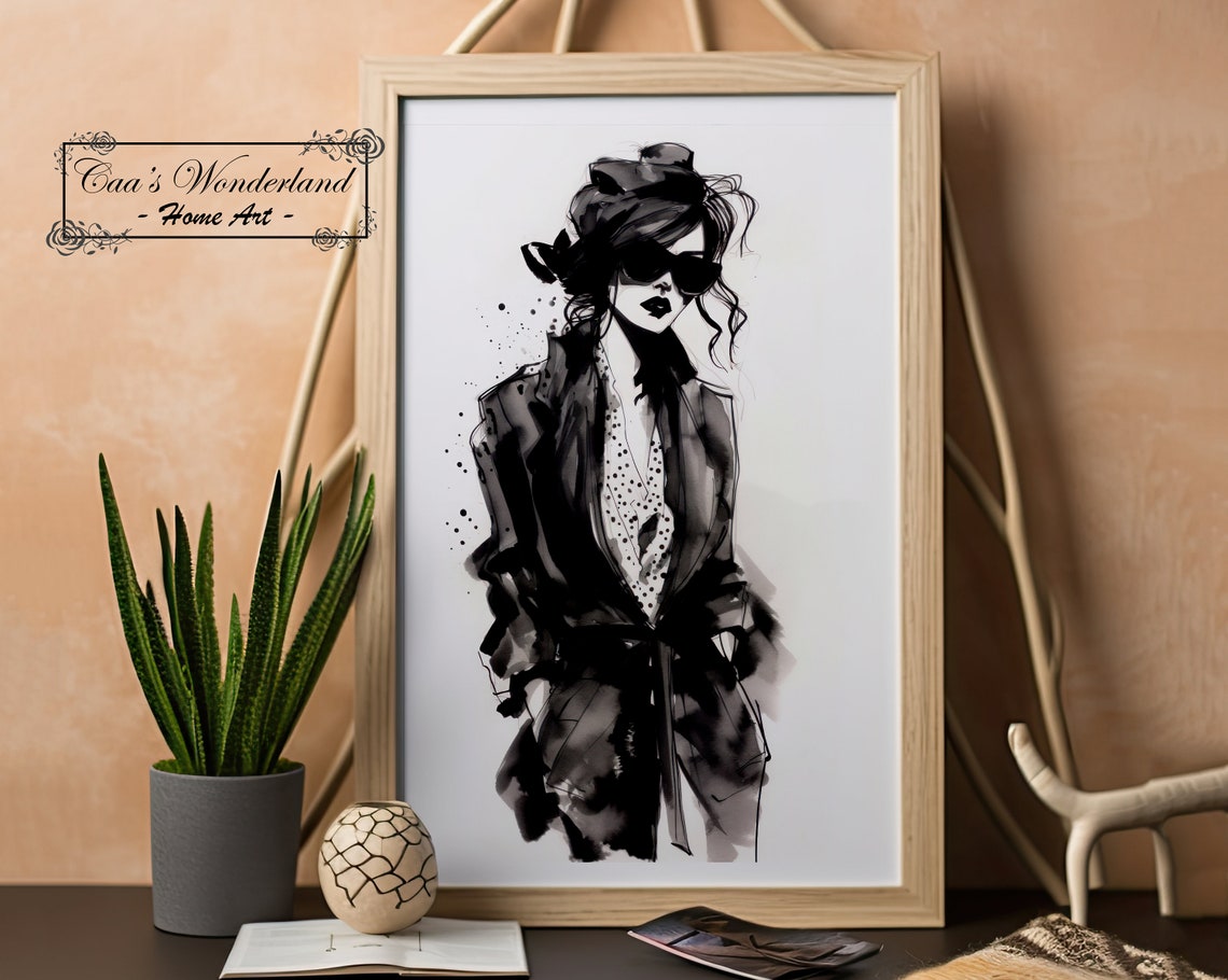 Chic Black and White Fashion Sketch Woman Sunglasses Ink Art Poster
