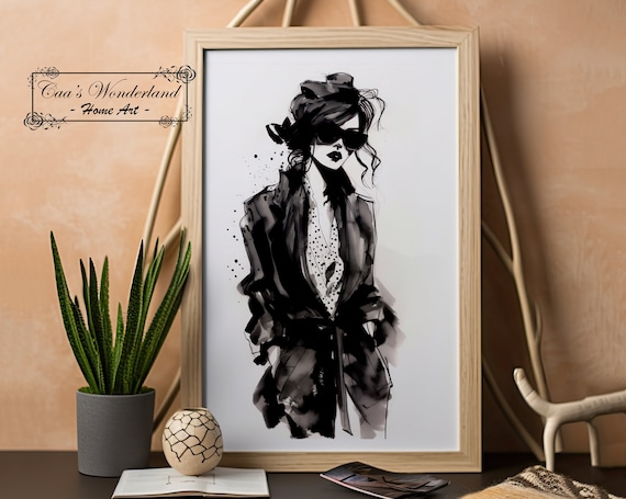 Chic Black and White Fashion Sketch Woman Sunglasses Ink Art Poster