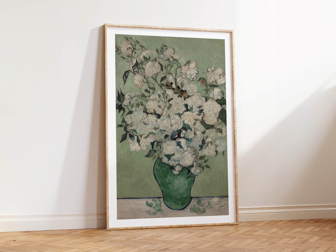 White Roses Bouquet In Green Vase Classic Floral Still Life Poster