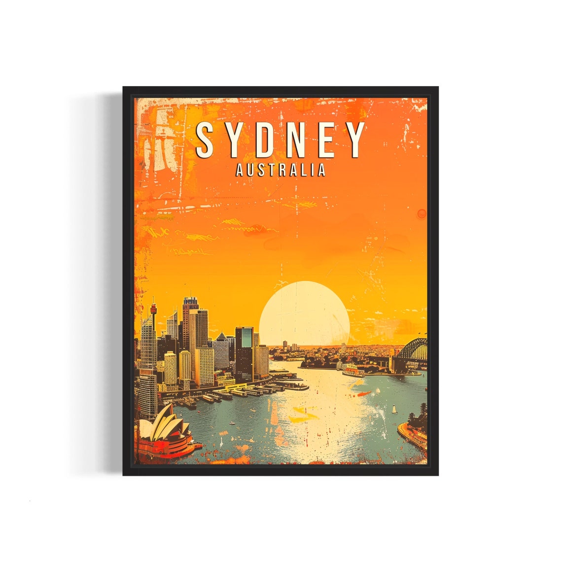 Sydney Australia Vintage Sunset Harbour Cityscape Travel Poster