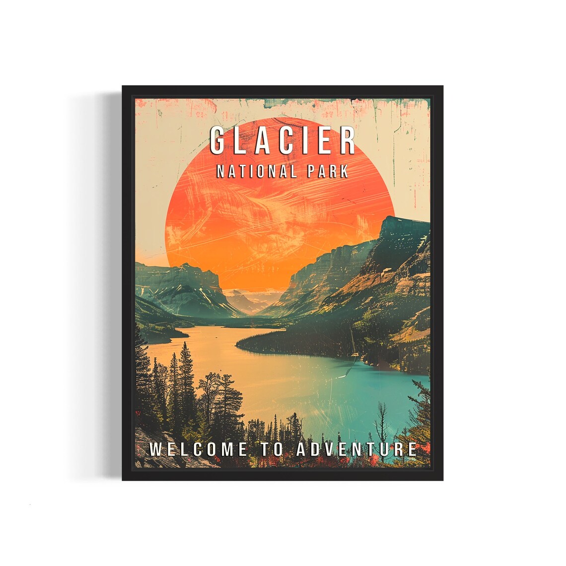 Glacier National Park Montana Lake Sunset Big Red Sun Travel Poster