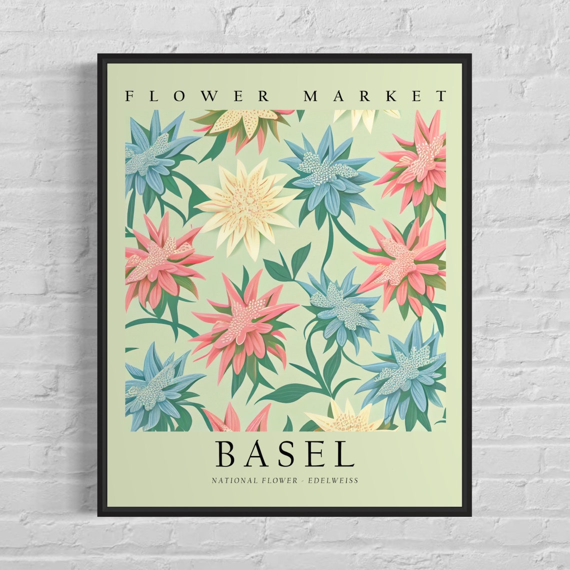 Basel Flower Market Edelweiss Botanical Pattern Illustration Poster