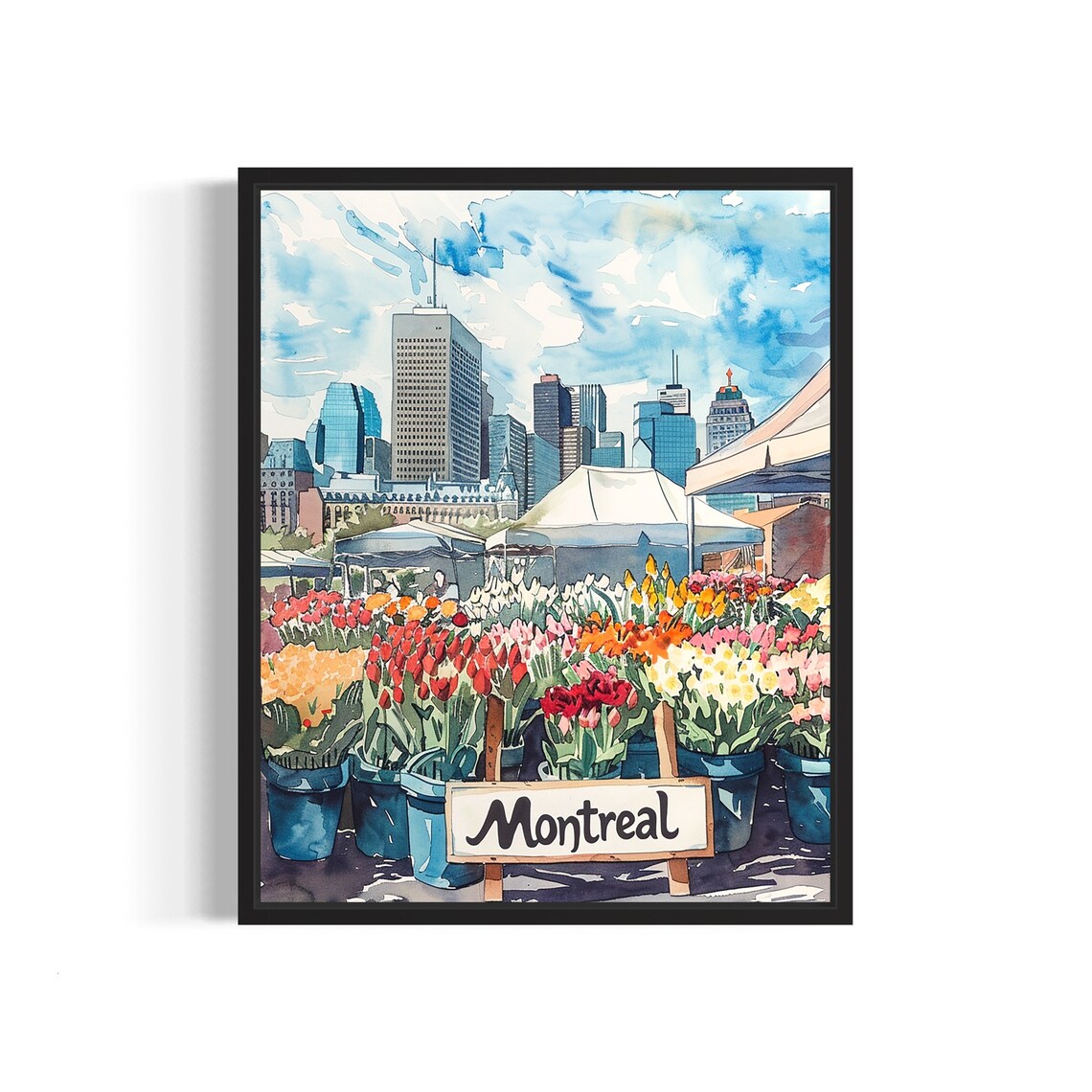 Montreal Canada Downtown Skyline Watercolor Tulip Market Poster
