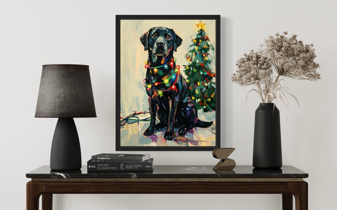 Black Labrador Retriever Dog with Bright Christmas Lights Poster - Image 3
