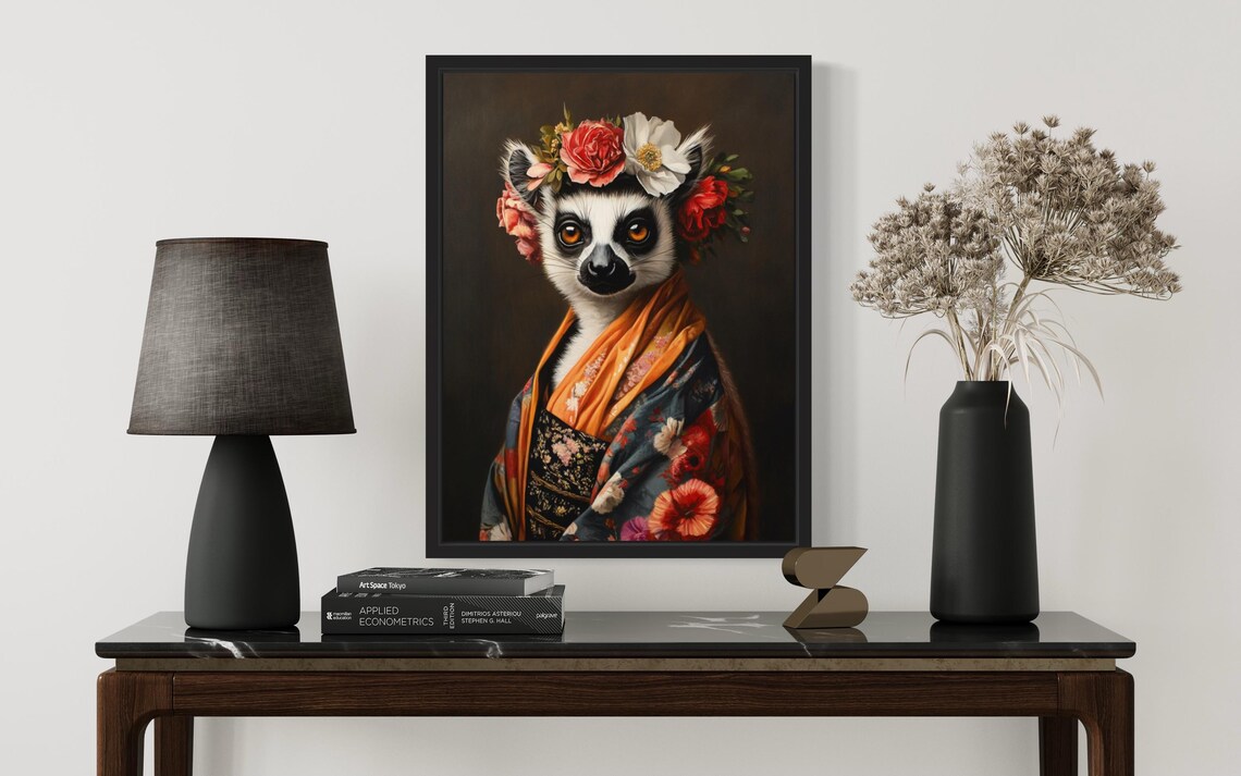 Ring Tailed Lemur In Blue Floral Kimono With Rose Crown Art Print - Image 2