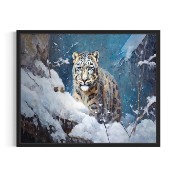 Snow Leopard Poster Art Print Winter Scenery Artwork Wall Art Painting