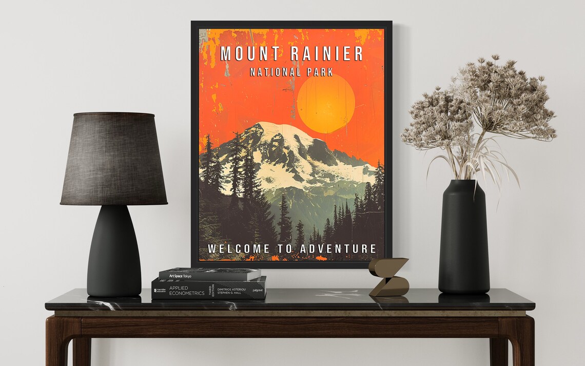 Mount Rainier National Park Washington Peak Sunset Retro Poster - Image 3