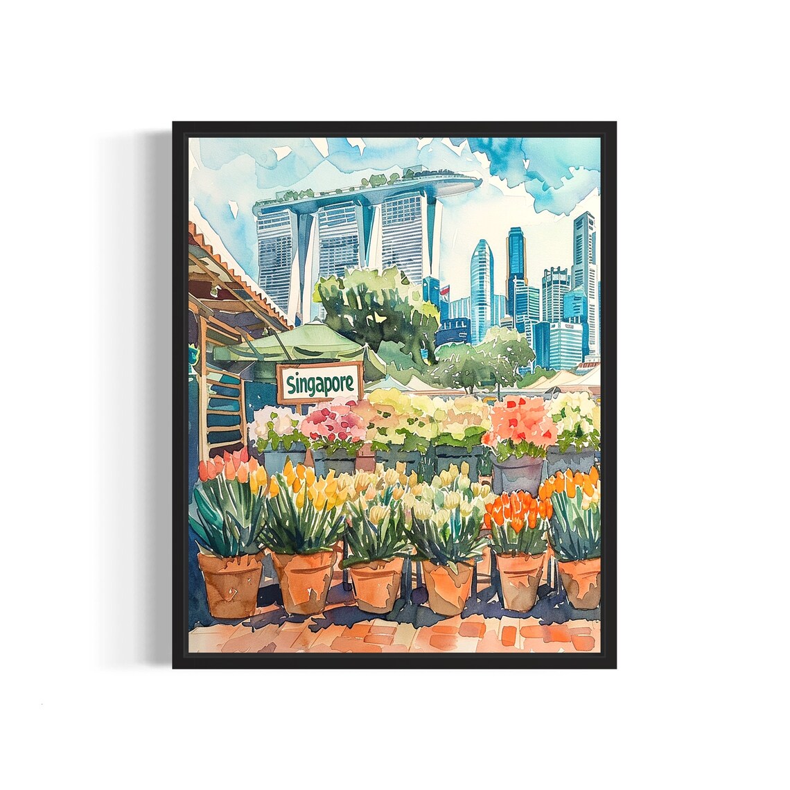 Singapore Marina Bay Sands Watercolor Flower Market Art Poster