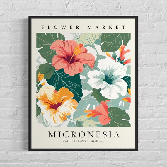 Micronesia Flower Market Art Print Micronesia Flower Hibiscus Wall Art Botanical Pastel Artwork