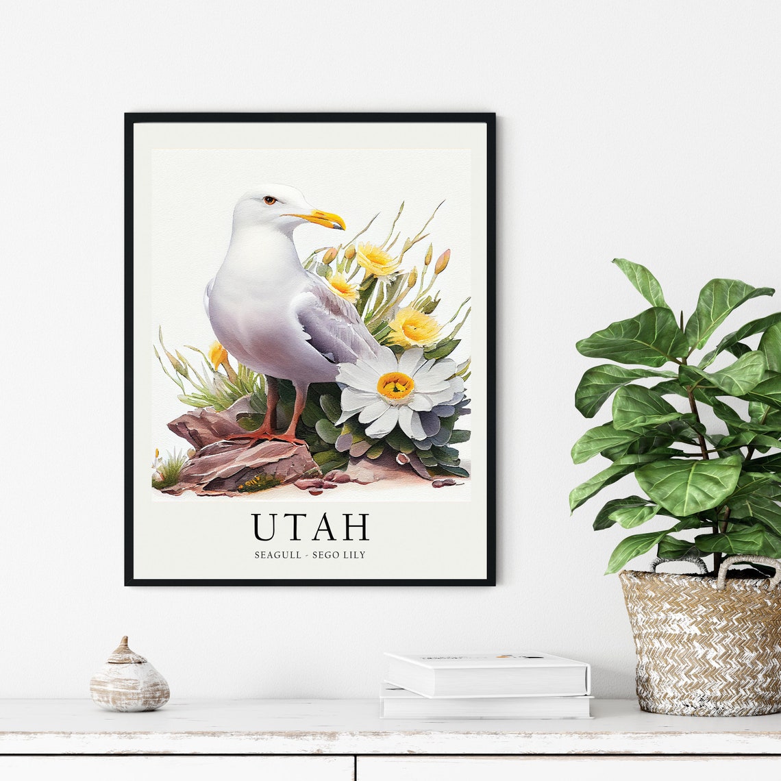 Utah Seagull Sego Lily Coastal Desert Bird Watercolor Poster - Image 2