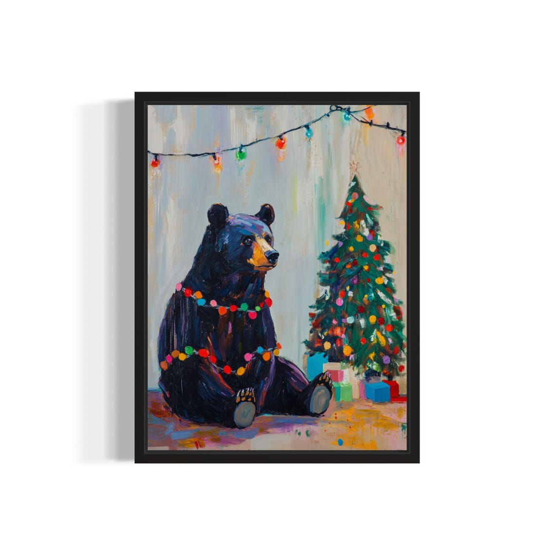 Black Bear Tangled In Christmas Lights Holiday Poster Artwork