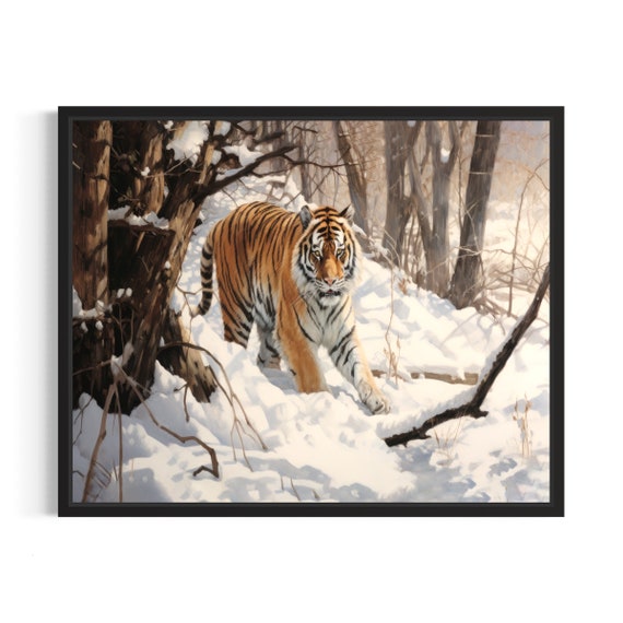 Tiger Hunting Poster Art Print Winter Scenery Artwork Wall Art Painting