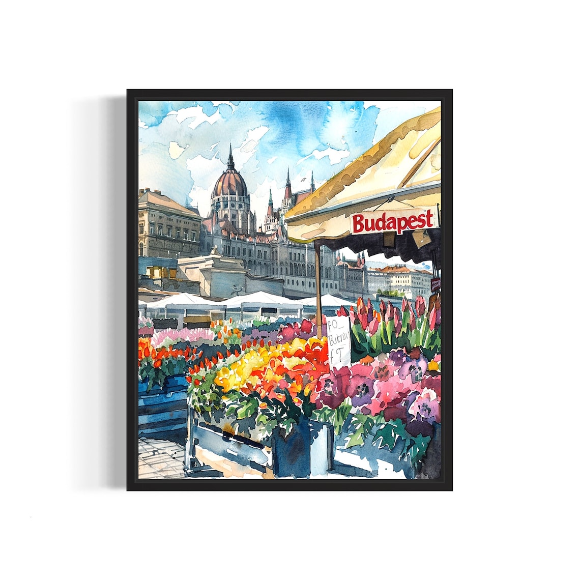 Budapest Hungary Tulip Flower Market Watercolor Parliament Poster