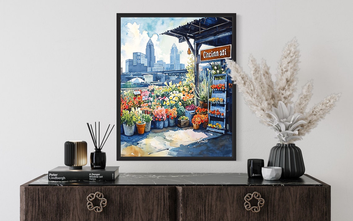 Cincinnati Flower Market Watercolor Poster Riverfront Skyline View - Image 2