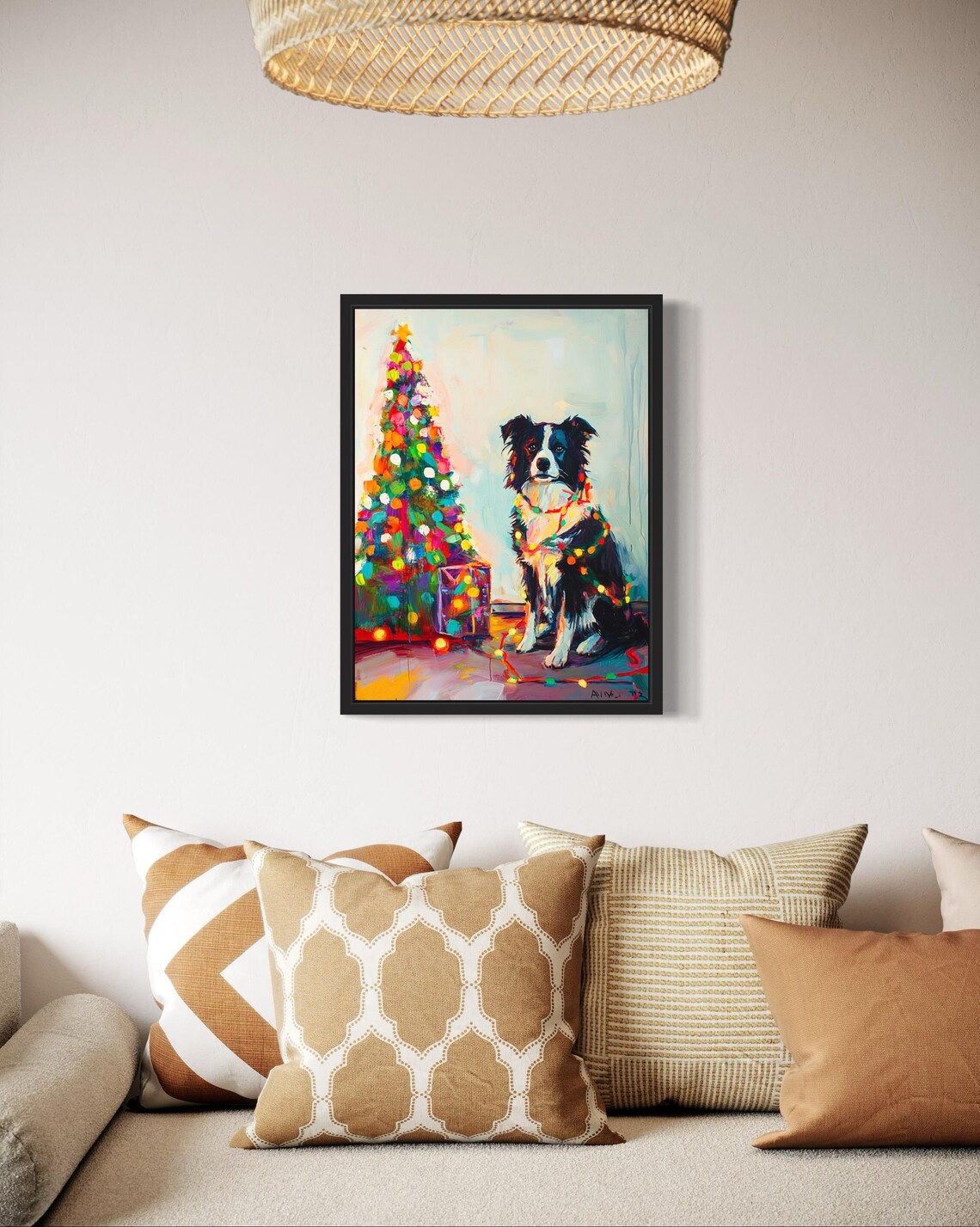 Rough Collie Dog Wrapped in Bright Christmas Lights Holiday Poster - Image 2