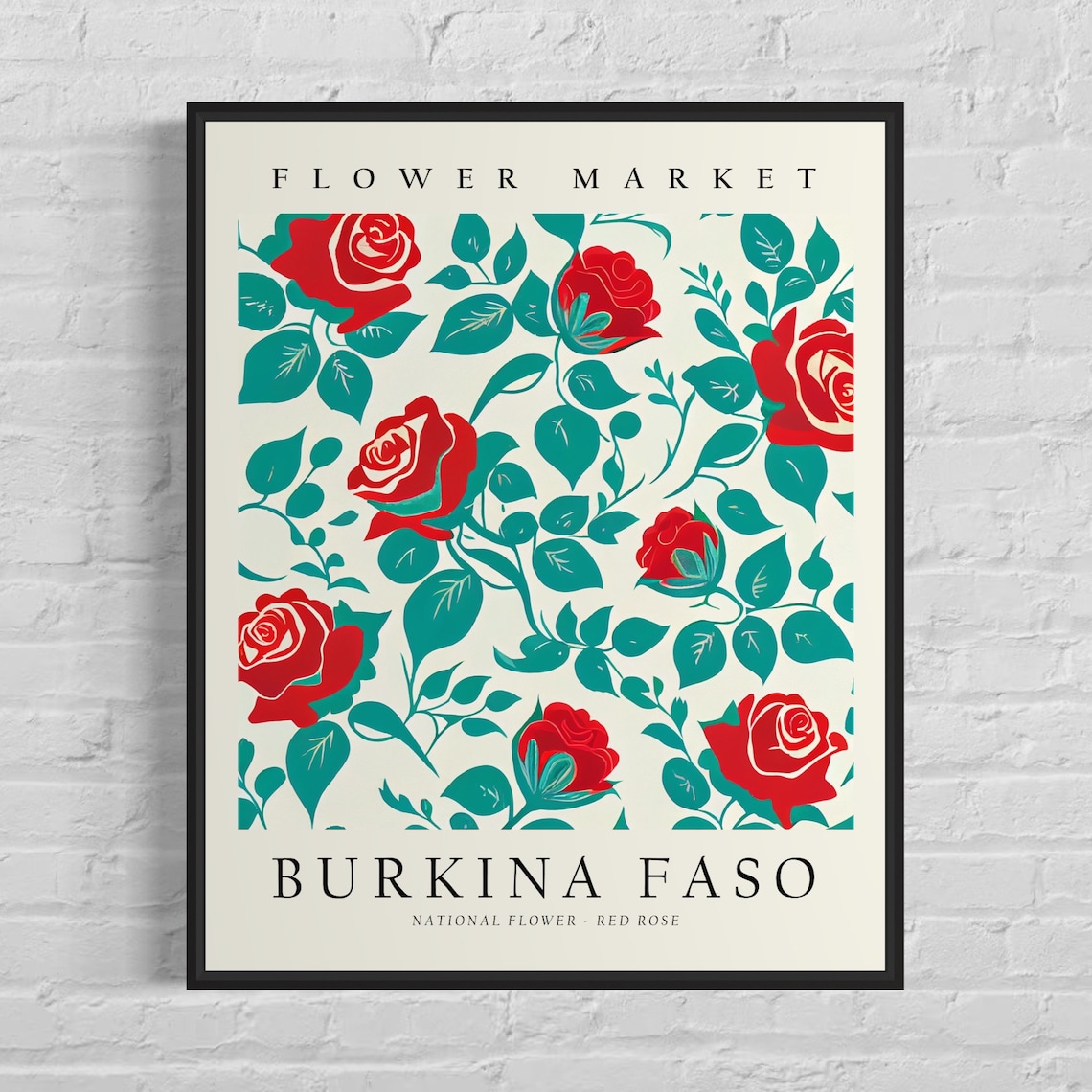 Burkina Faso Flower Market National Red Rose Floral Vintage Poster