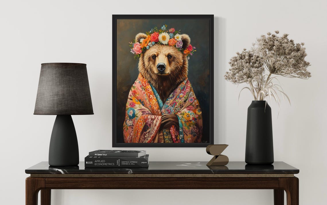 Grizzly Bear In Floral Kimono With Daisy Flower Crown Art Print - Image 2