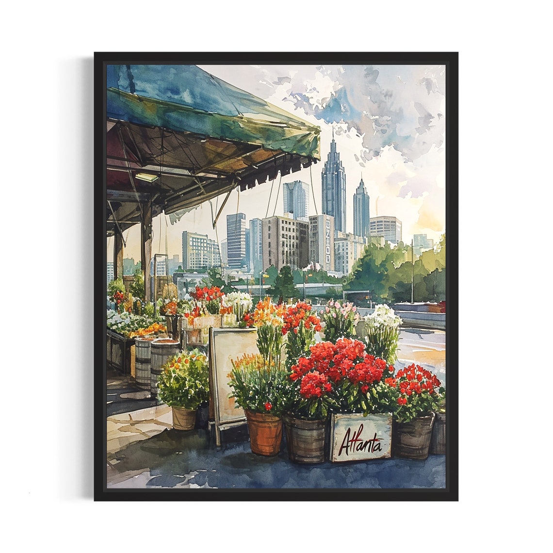 Atlanta Flower Market Watercolor Poster Downtown Skyline Blooms