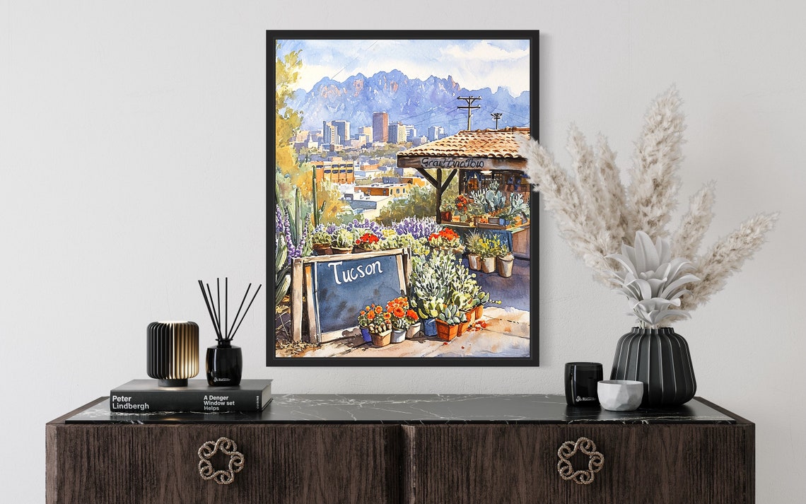 Tucson Flower Market Watercolor Poster Desert Cactus Mountain View - Image 2