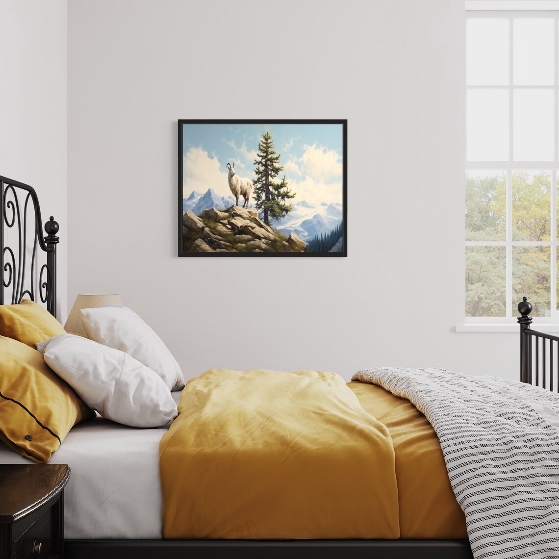 Mountain Goat on Rocky Peak Alpine Landscape Painting Poster - Image 2