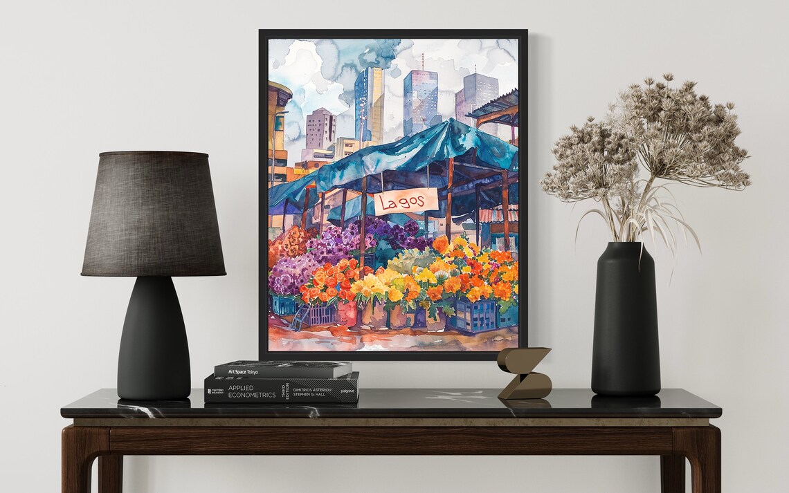 Lagos Nigeria Modern Skyline Watercolor Flower Market Poster - Image 2