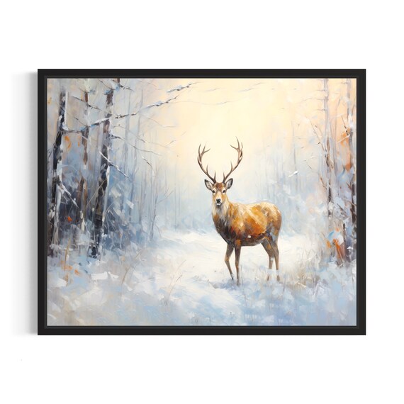 Reindeer Stag in Snowy Winter Forest Oil Painting Style Poster
