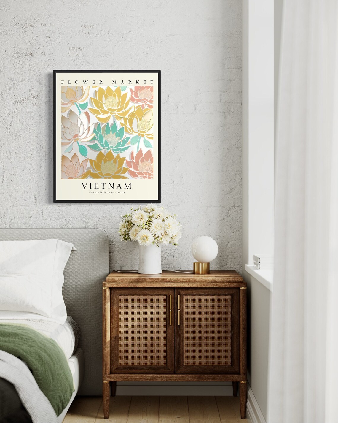 Vietnam National Flower Lotus, Neutral Botanical Art Print - Image 2