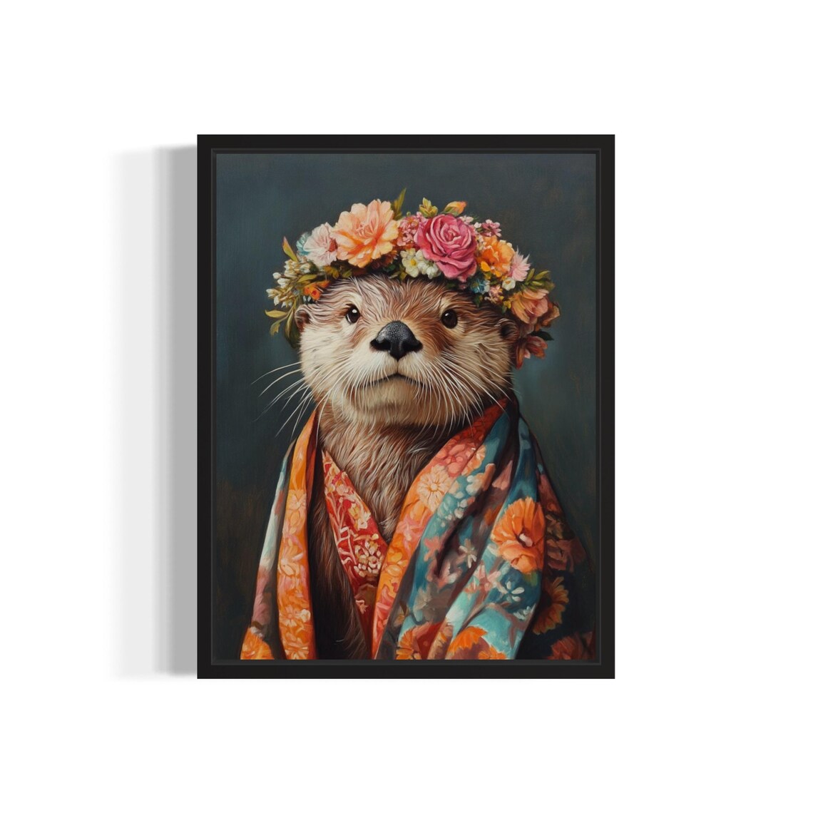 Sea Otter Wearing Floral Kimono and Flower Crown Portrait Poster