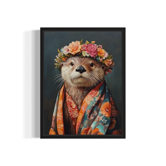 Sea Otter Poster Art Print Animal Flowers In Kimono Wall Art Decor Painting Artwork Bedroom Decor