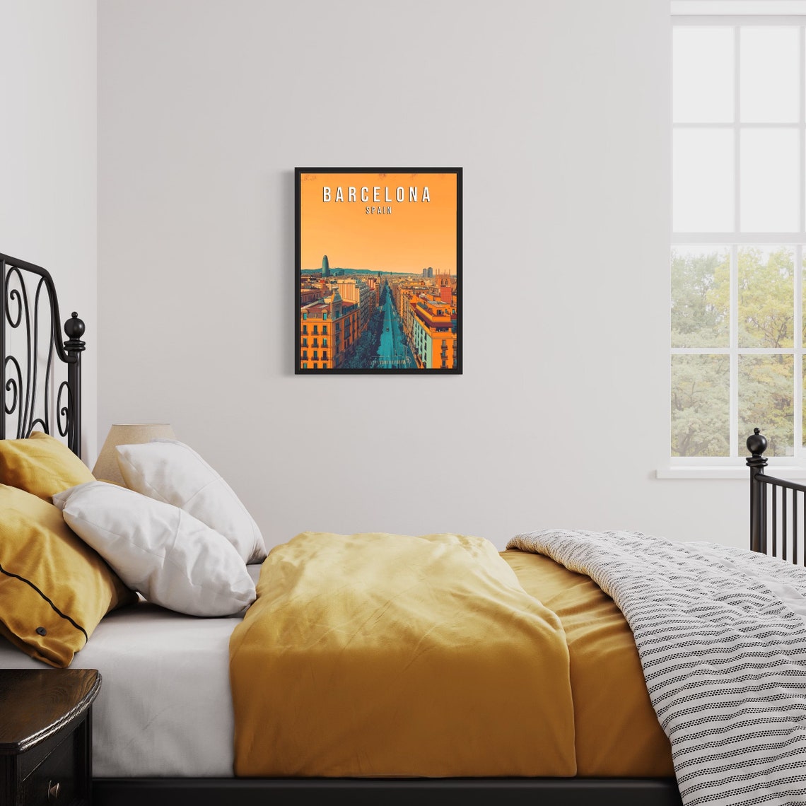 Barcelona Spain Cityscape Vintage Retro Travel Sunset Art Poster - Image 2