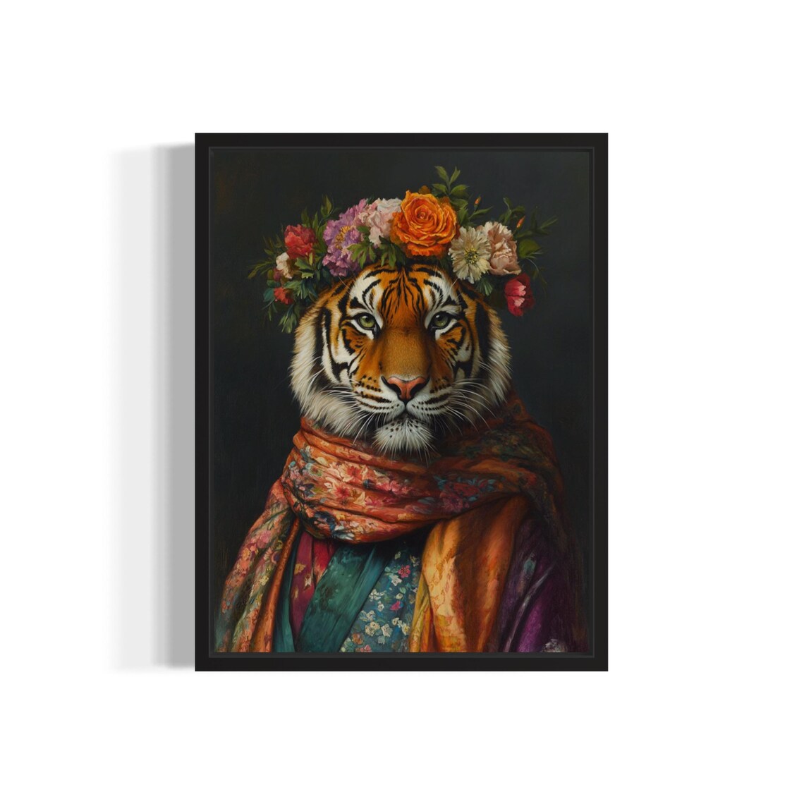 Siberian Tiger Wearing Floral Kimono and Flower Crown Portrait Poster