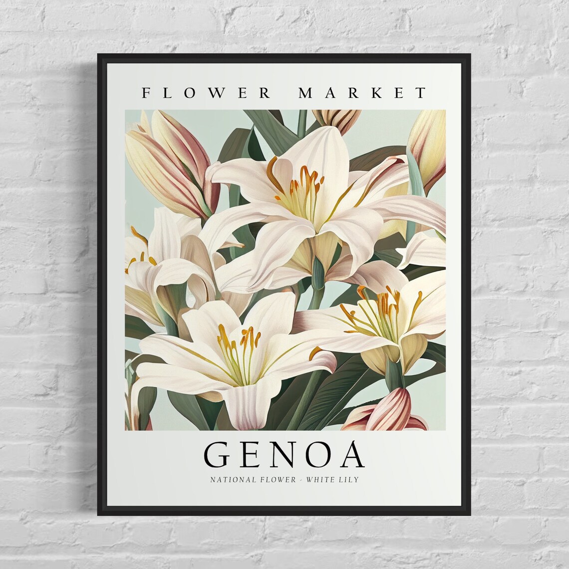 Genoa Flower Market White Lily Botanical Illustration Poster