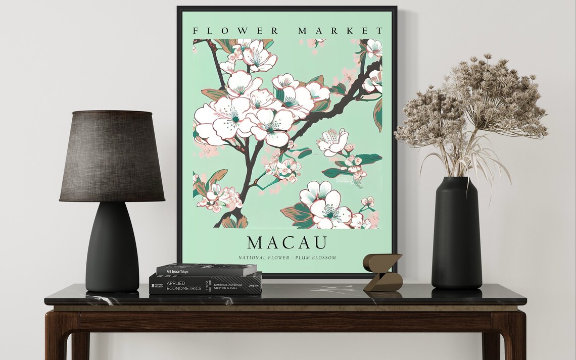Macau Plum Blossom Flower Market Botanical Art Vintage Poster - Image 2