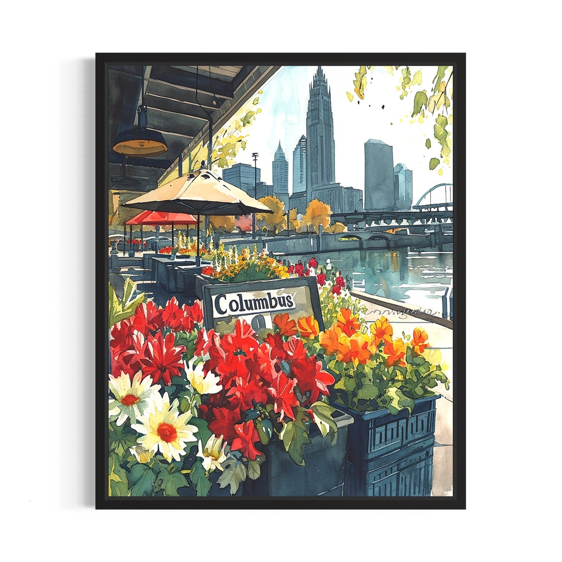 Columbus Flower Market Watercolor Poster Autumn Riverside Scene