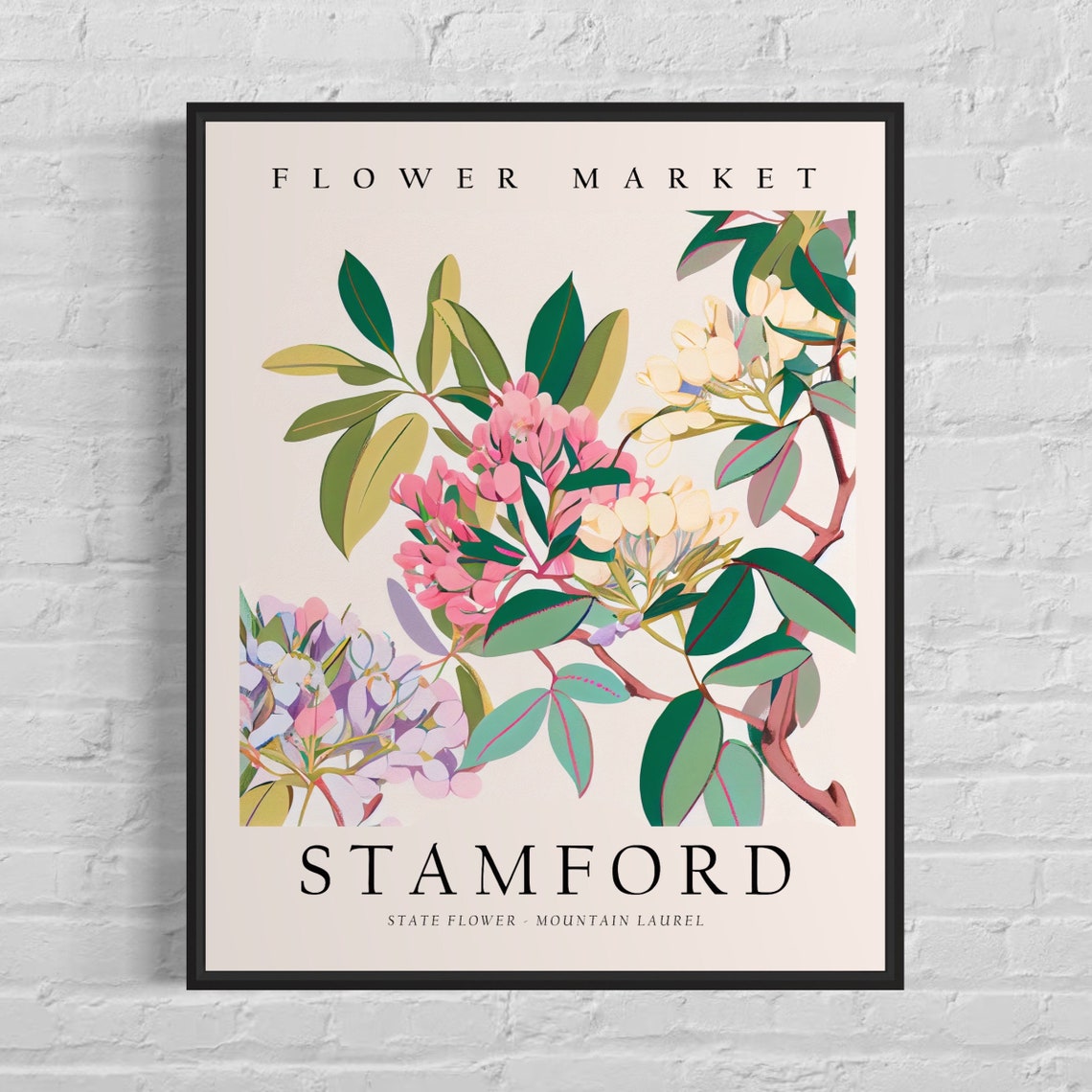 Stamford Connecticut Mountain Laurel Flower Market Botanical Poster