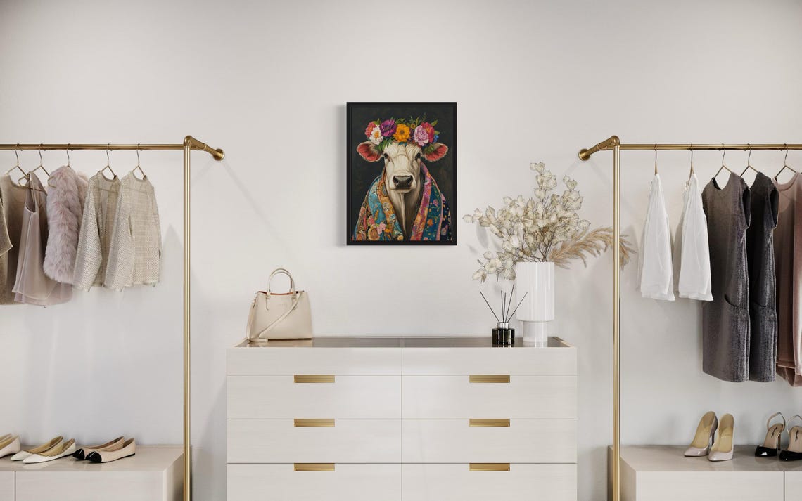 White Ox With Colorful Flower Crown In Teal Floral Kimono Art Print - Image 2