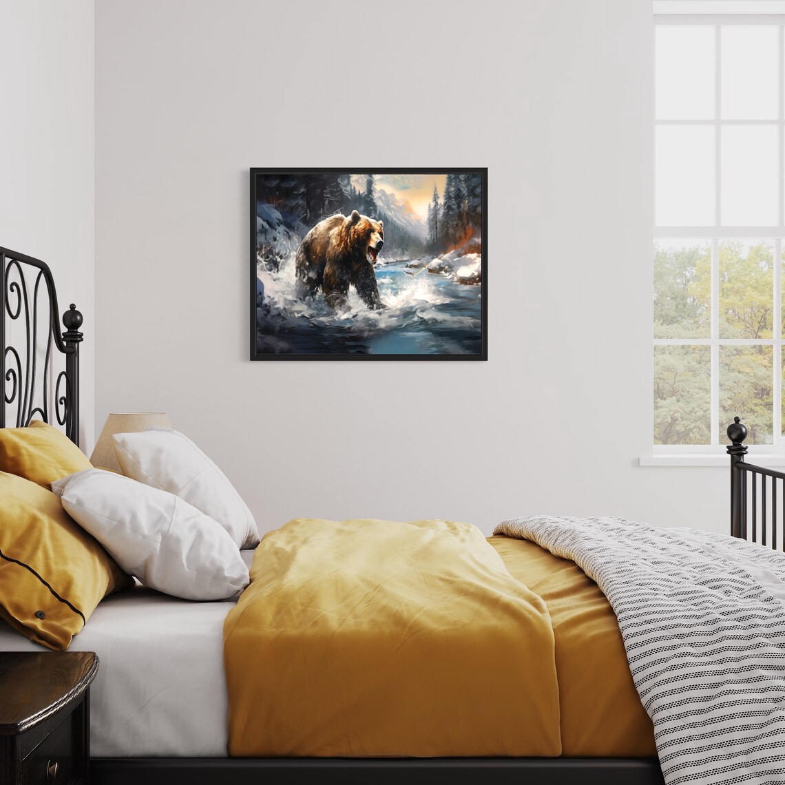 Bear Catching Fish Poster Art Print Winter Scenery Artwork Wall Art Painting - Image 2