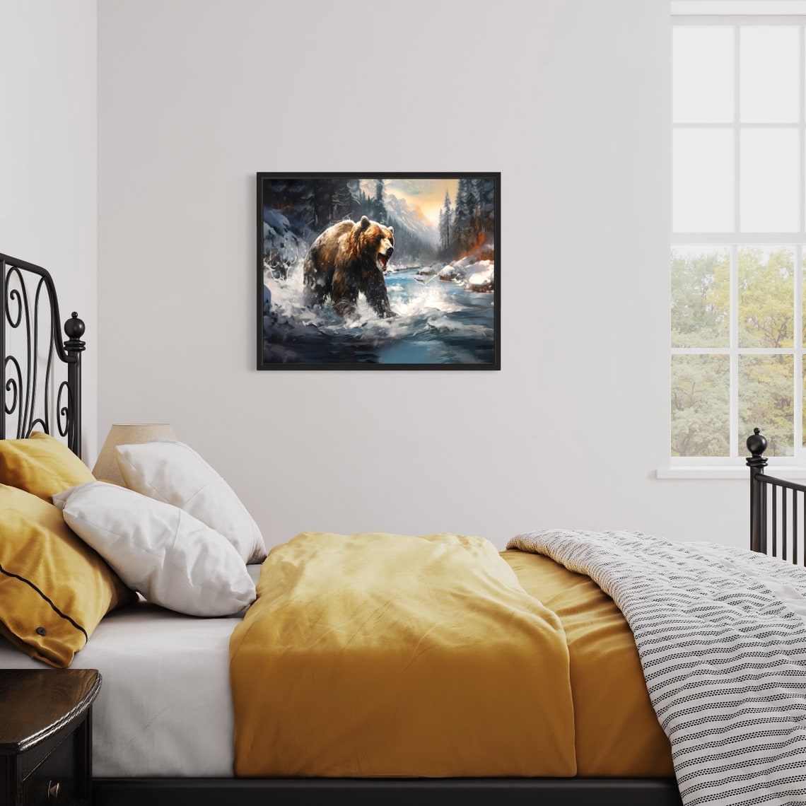 Brown Bear Catching Salmon Wild Rushing River Painting Poster - Image 2