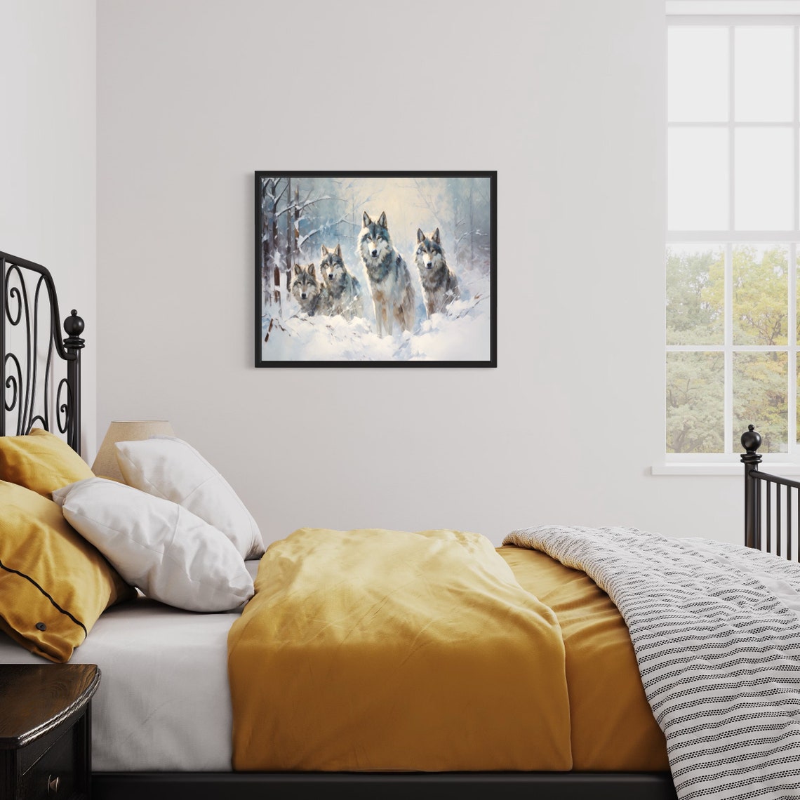 Pack Of Wolves Poster Art Print Winter Scenery Artwork Wall Art Painting - Image 2