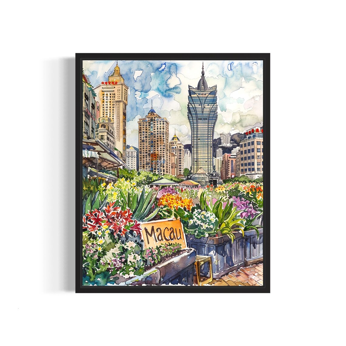 Macau Flower Market Watercolor Poster Casino Tower Skyline View