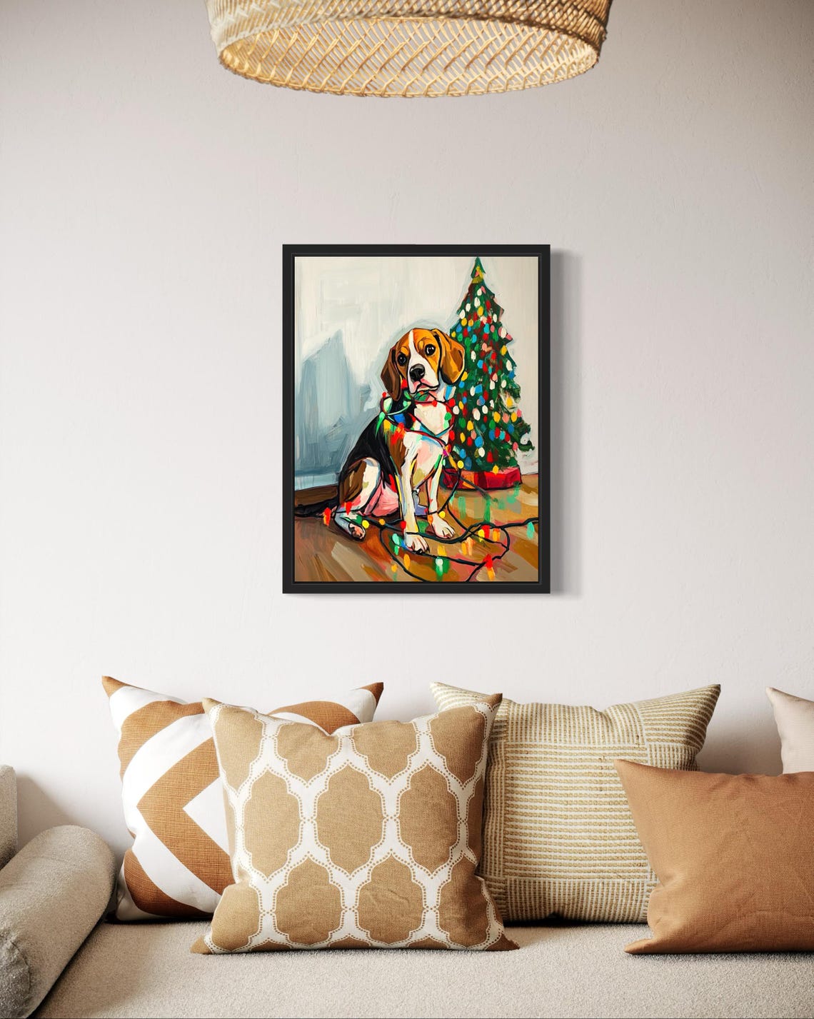Beagle Puppy Tangled in Bright Christmas Lights Holiday Tree Poster - Image 3