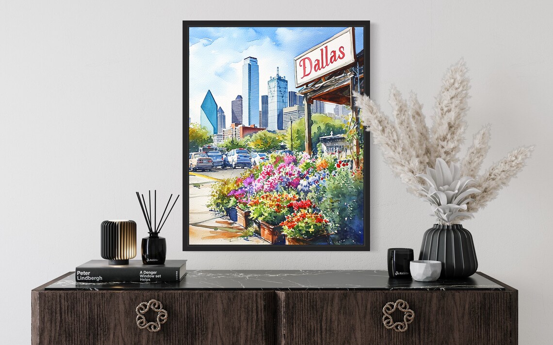 Dallas Texas Downtown Skyline Watercolor Flower Stand Poster - Image 2