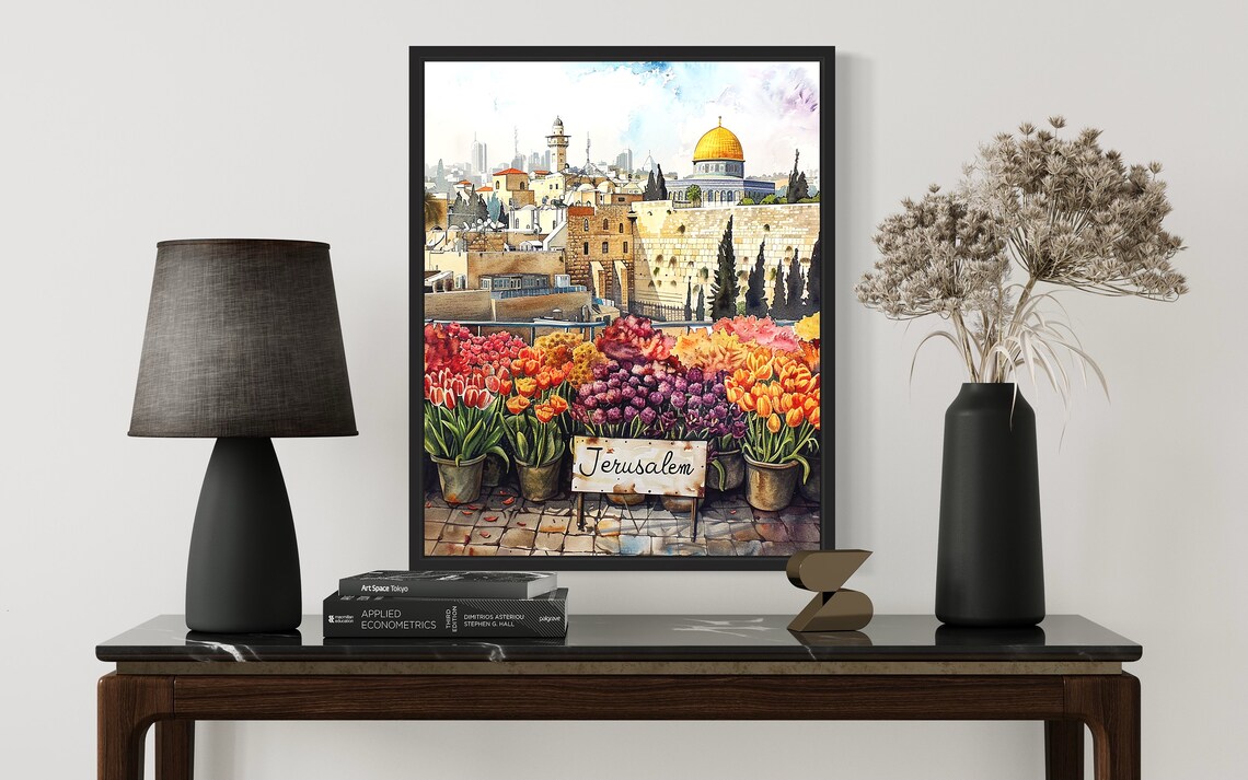 Jerusalem Flower Market Watercolor Poster Dome of the Rock View - Image 2