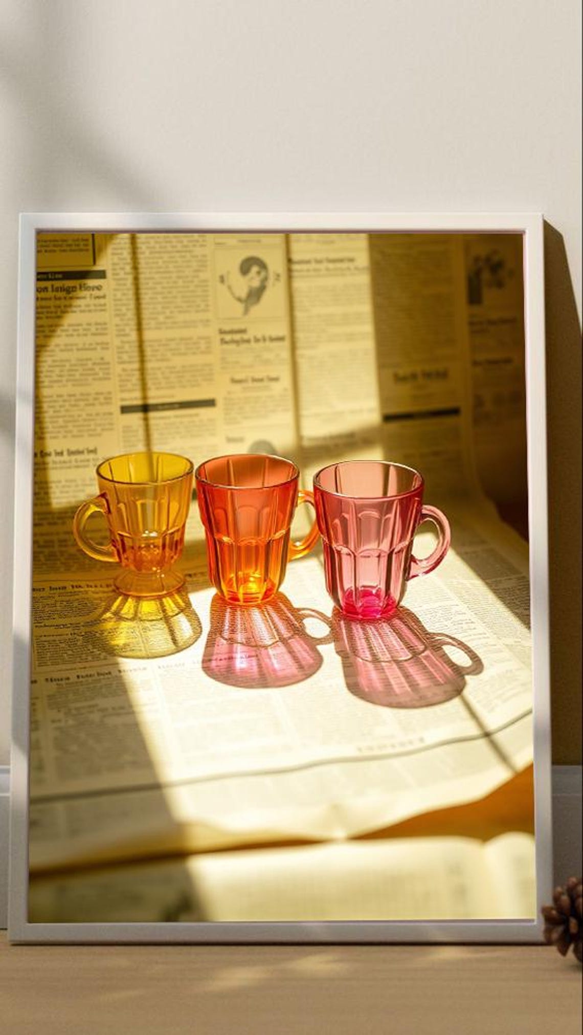 Amber Orange Pink Glass Cups Newspaper Sunlight Photo Poster - Image 3