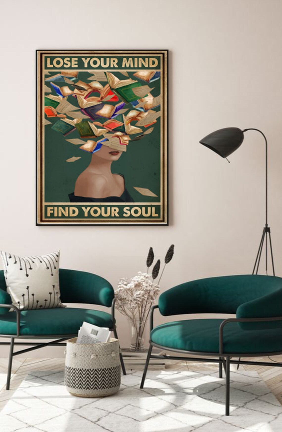 Lose Your Mind Find Your Soul Flying Books Woman Vintage Poster - Image 3