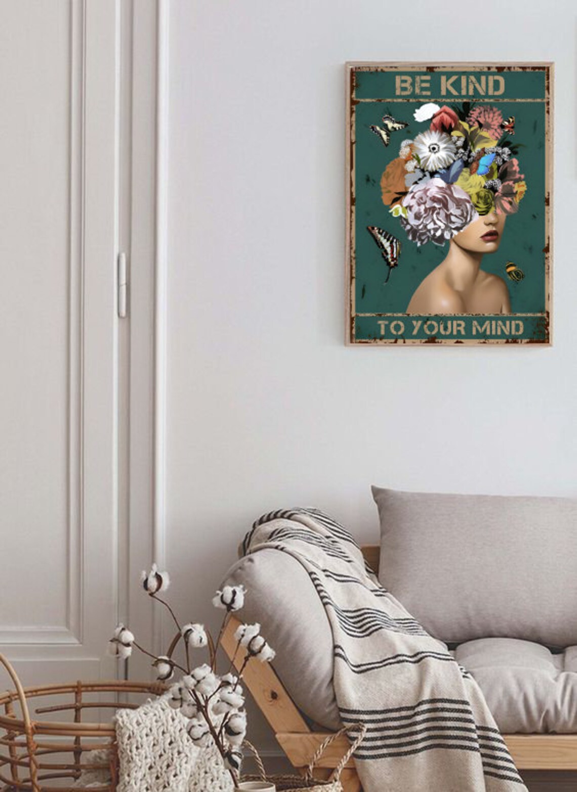 Be Kind To Your Mind Flower Head Woman Butterfly Vintage Poster - Image 2