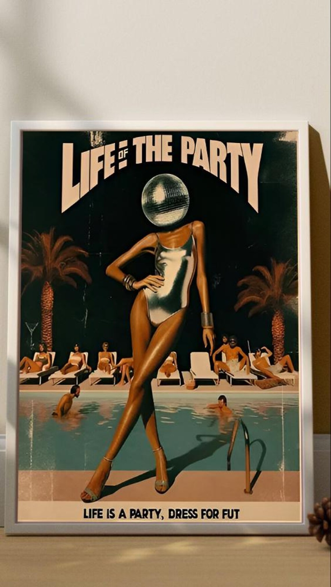 Life Of The Party Disco Ball Head Poolside Vintage Surreal Retro Poster - Image 3