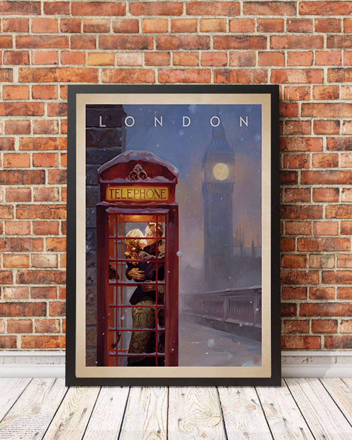 London Red Telephone Booth Kiss Big Ben Snowy Romantic Night Poster - Image 3
